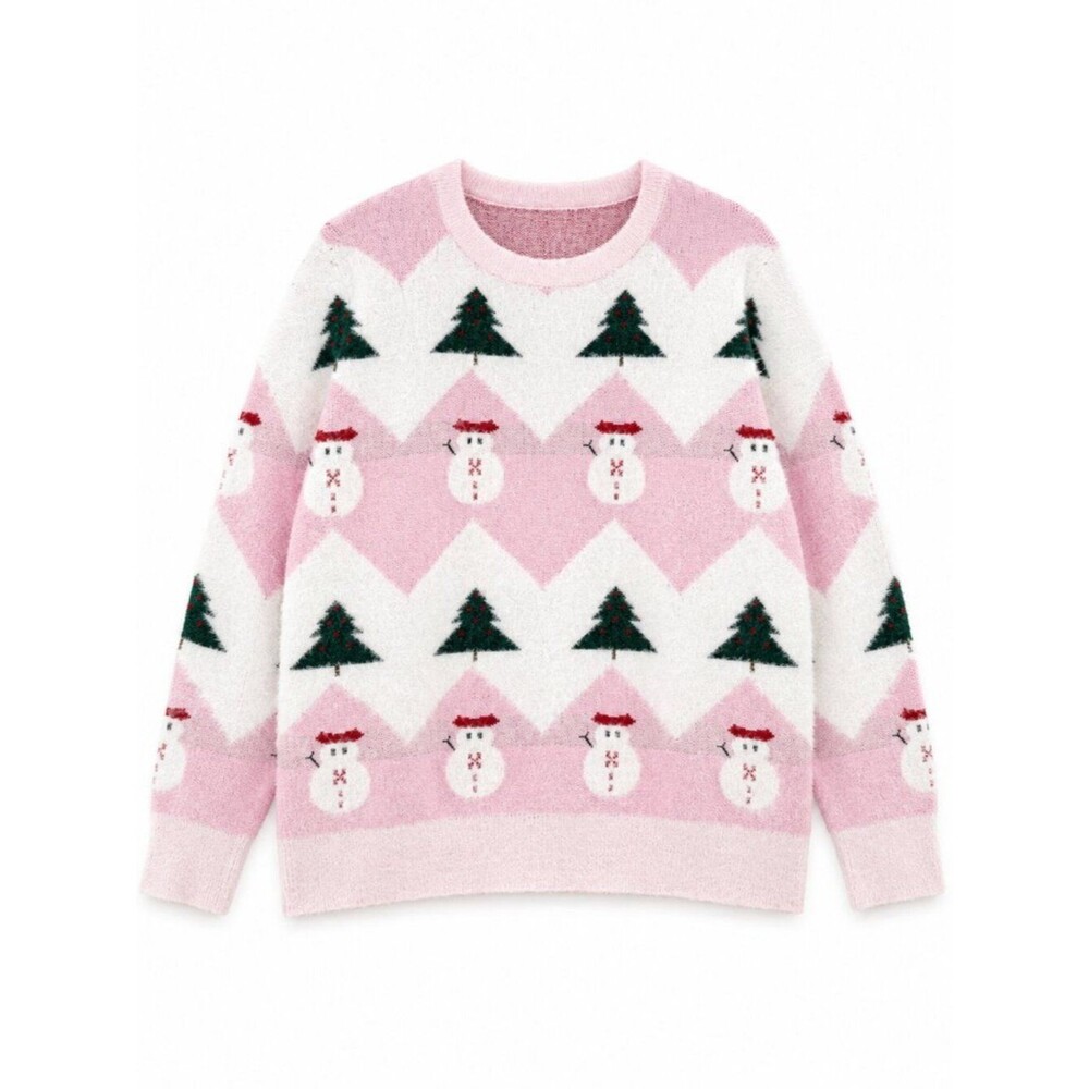 Pink Christmas Snowman & Christmas Tree Fuzzy Sweater XXL | Soft Holiday